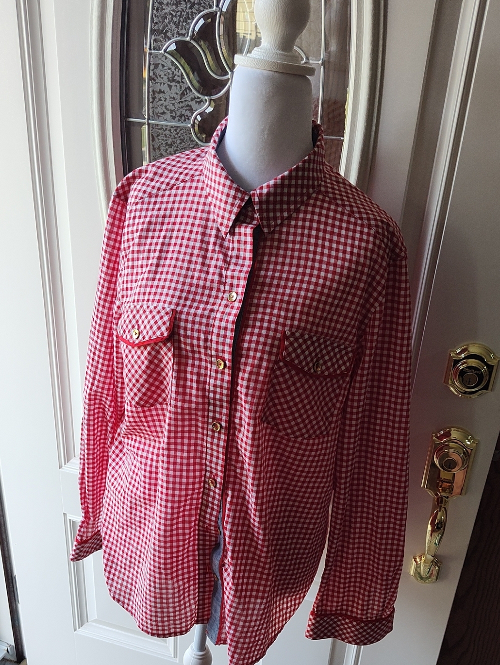 Ladies Red Gingham Button-Down Shirt